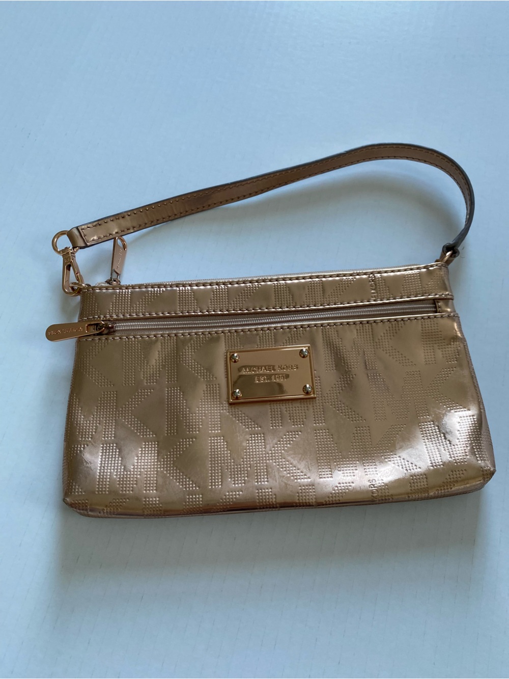 Michael Kors Metallic Rose Gold MK Logo Wristlet